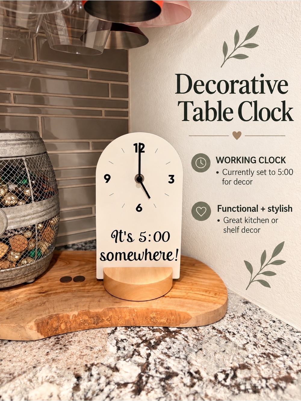 Decorative White Table Clock with Wood Base - It's 5:00 Somewhere